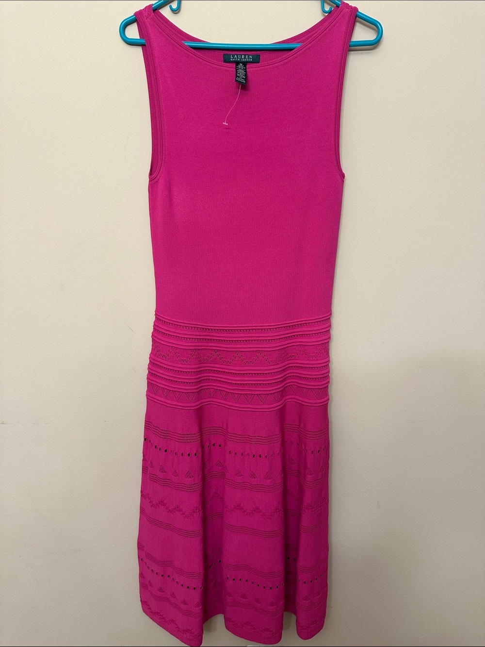 LRL RALPH LAUREN US M Fuchsia Pink Stretch Pointelle Knit Fit & Flare Midi Dress